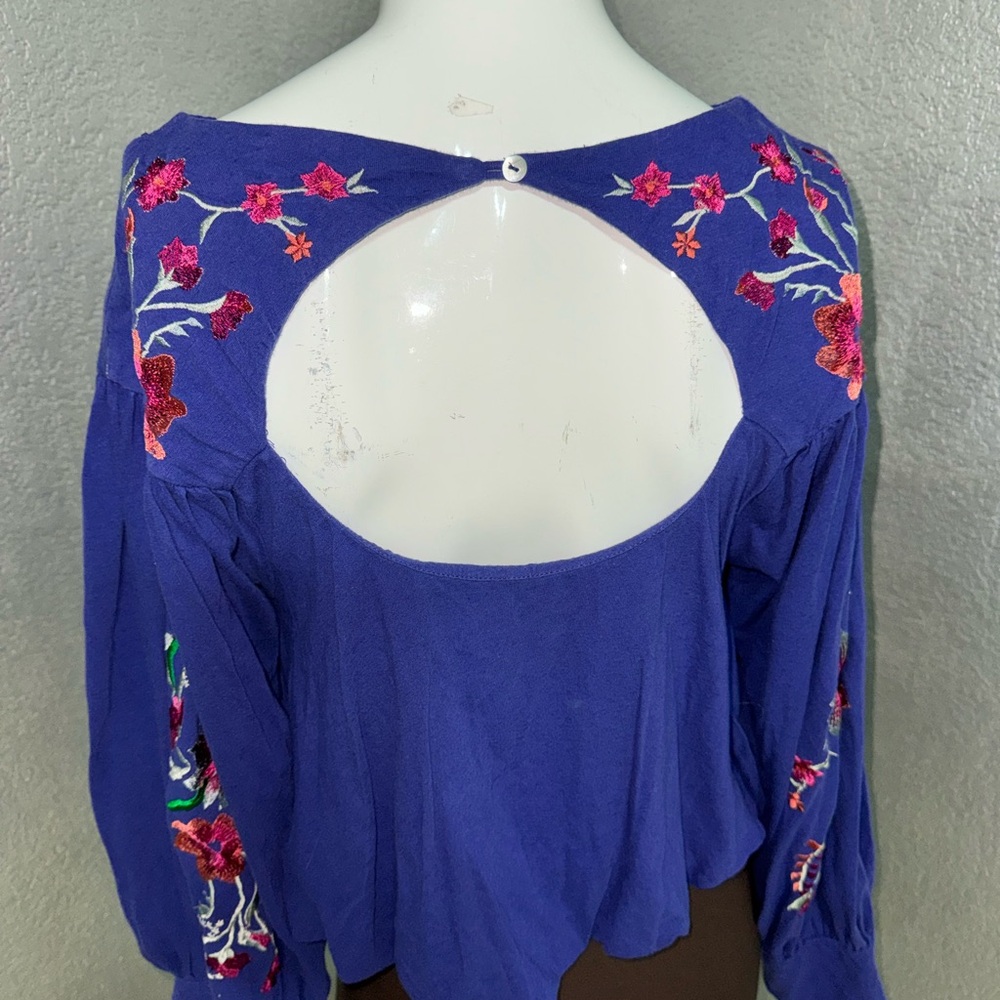Free People Royal Blue Floral Embroidered Blouse - Picture 6 of 17